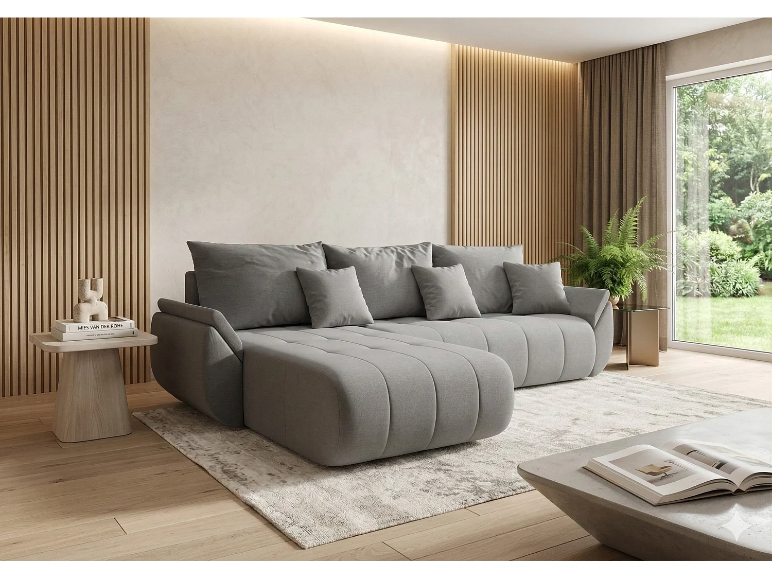 Canapé d’angle velours chenille convertible avec coffre NOVA-Gris clair-angle gauche