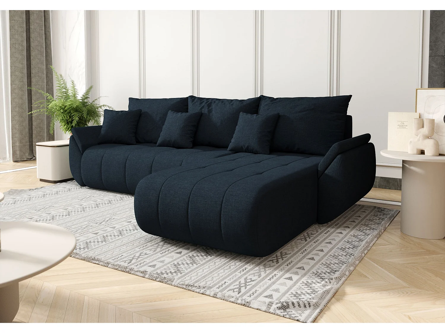 Canapé d'angle SYDNEY droit bleu tricot Wind 77 - fonction couchage, coffre à literie
