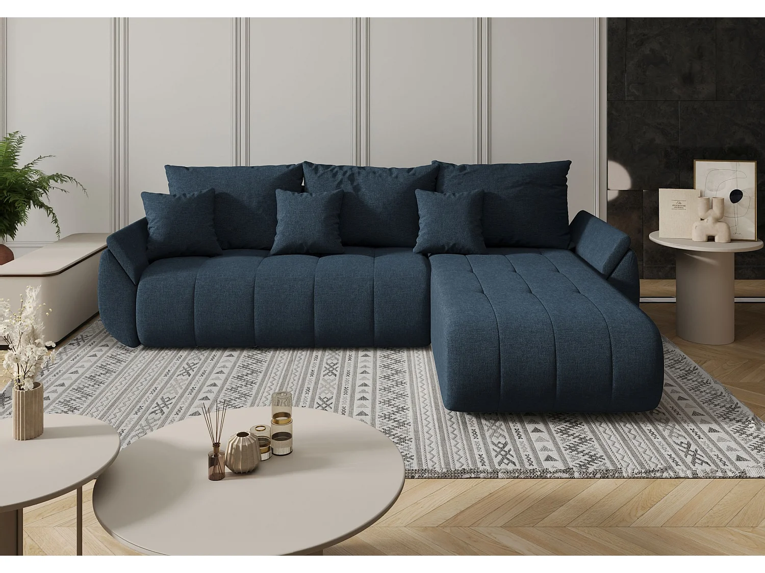 Canapé d'angle SYDNEY droit bleu tricot Wind 77 - fonction couchage, coffre à literie