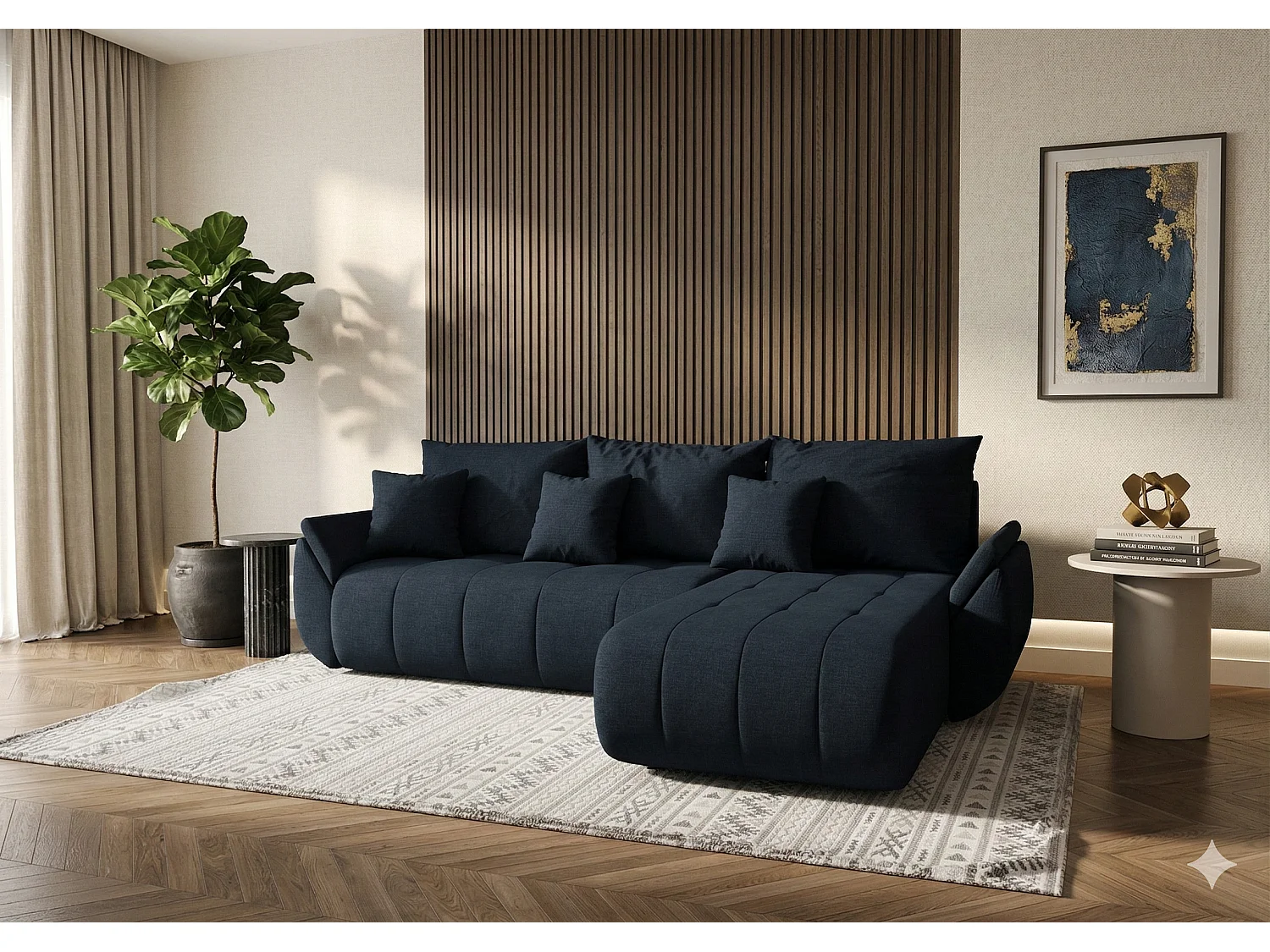 Canapé d’angle velours chenille convertible avec coffre NOVA-Bleu foncé-angle droit
