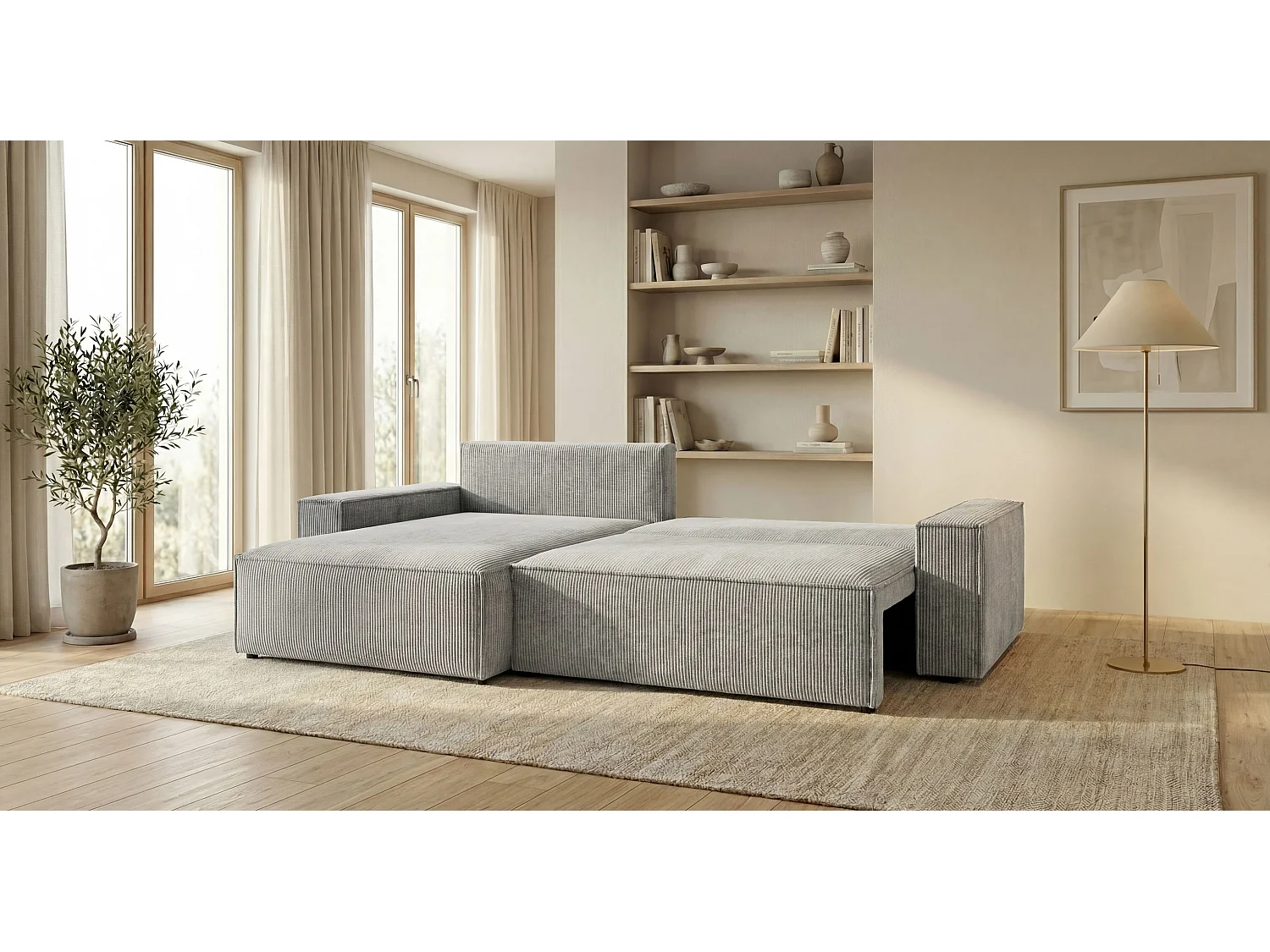 Canapé d'angle VIENNA gauche gris velours côtelé Poso 55 - fonction couchage, coffre à literie