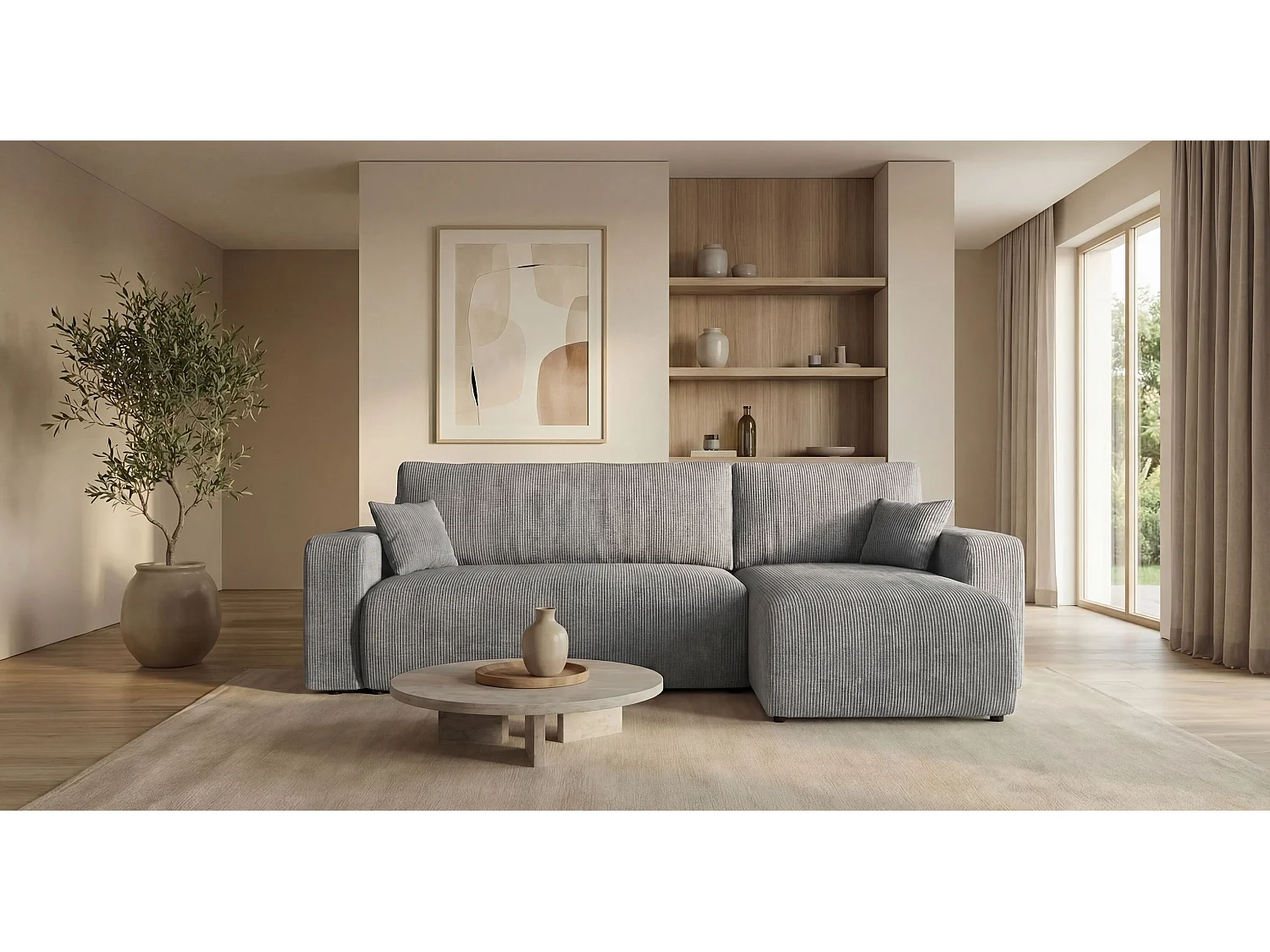 Canapé d'angle PARIS droit gris velours côtelé Poso 55 - fonction couchage, coffre à literie