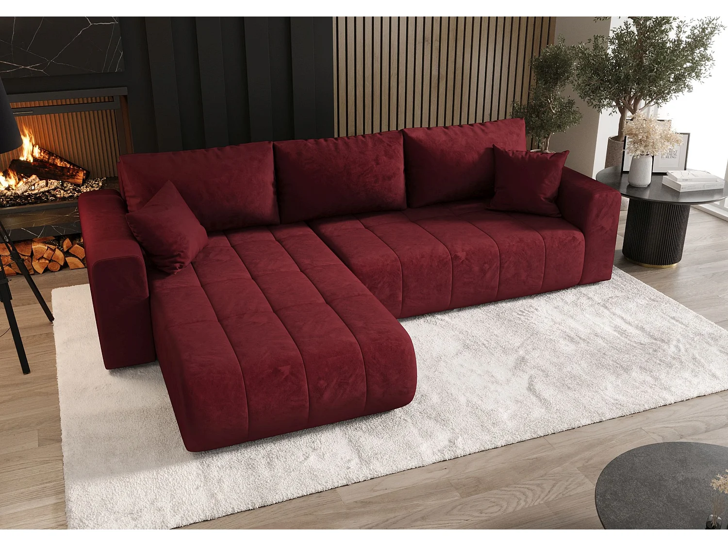 Canapé d'angle LARA gauche rouge velours Monolith 59 - fonction couchage, coffre à literie