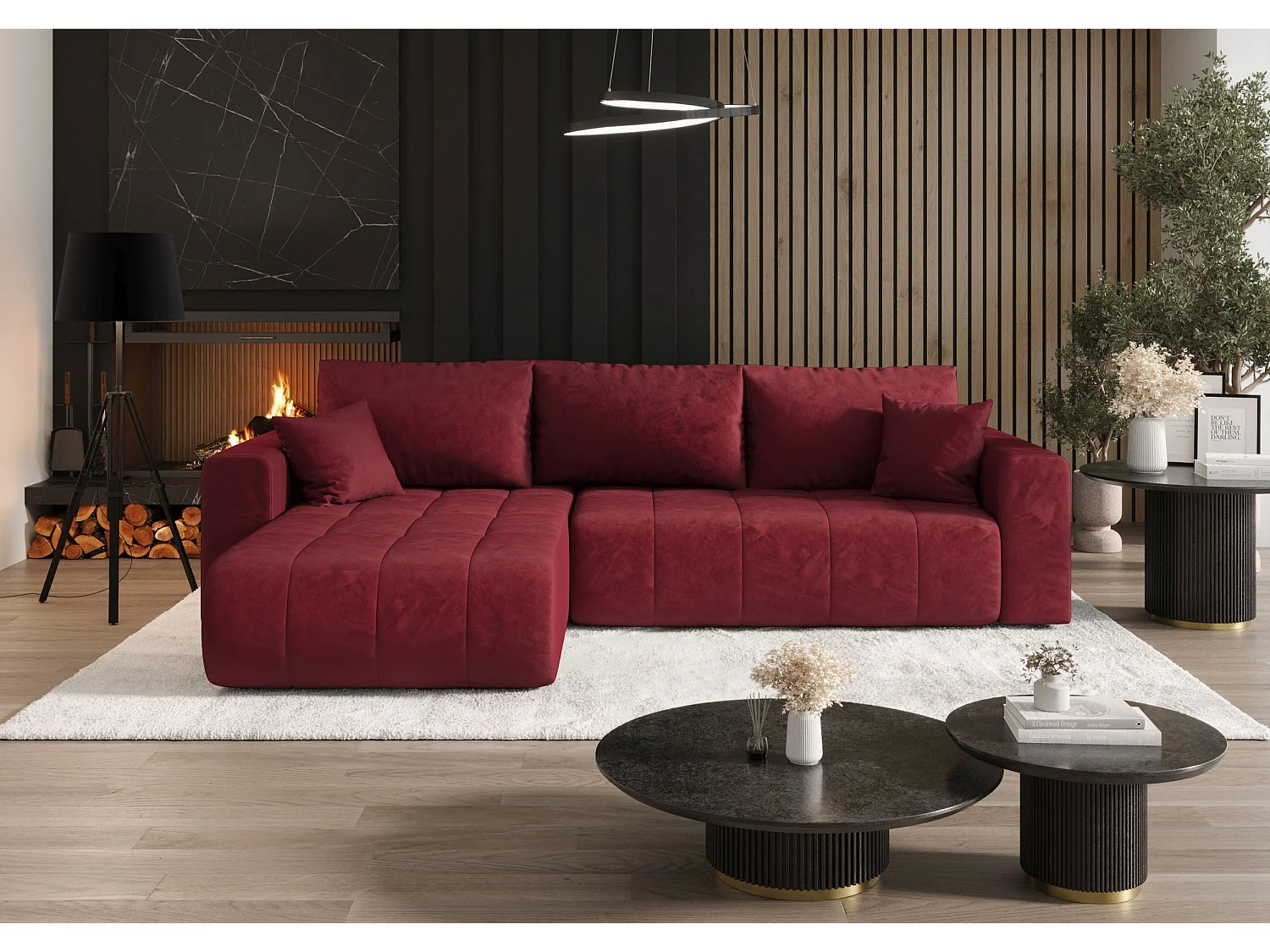 Canapé d'angle LARA gauche rouge velours Monolith 59 - fonction couchage, coffre à literie