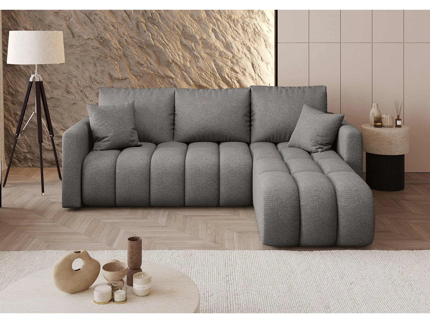 Canapé d'angle GARDA droit Jasnoszary tricot Aragon 83 - fonction couchage, coffre à literie