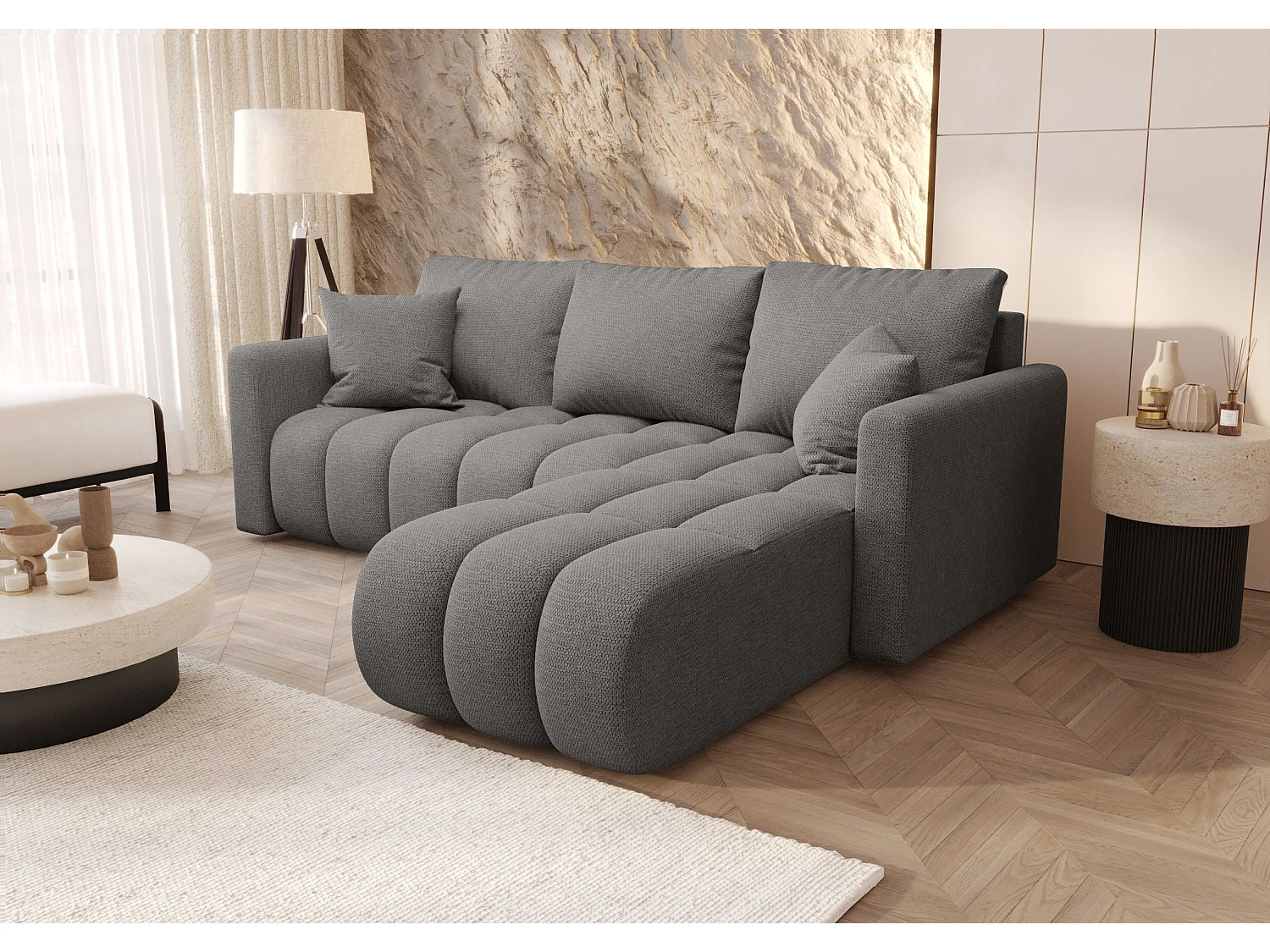 Canapé d'angle GARDA droit Jasnoszary tricot Aragon 83 - fonction couchage, coffre à literie