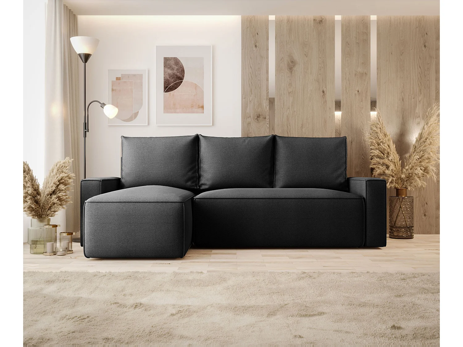 Canapé d'angle HAVANA gauche graphite tricot Curio 97 - fonction couchage, coffre à literie