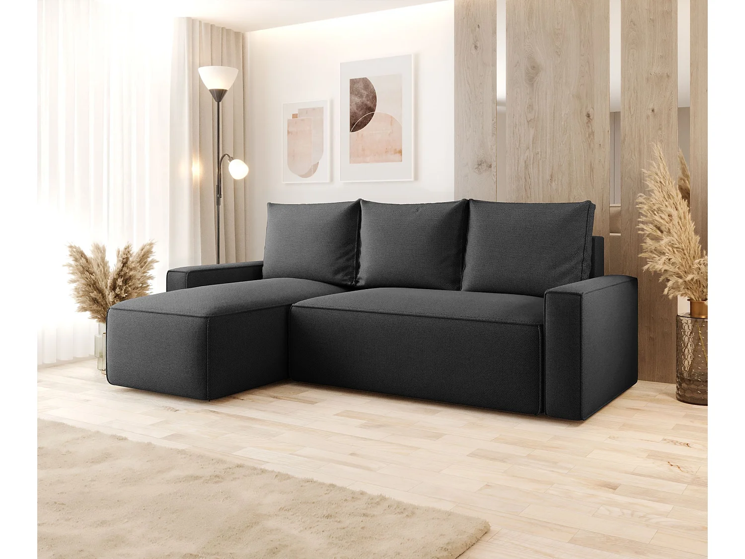 Canapé d'angle HAVANA gauche graphite tricot Curio 97 - fonction couchage, coffre à literie
