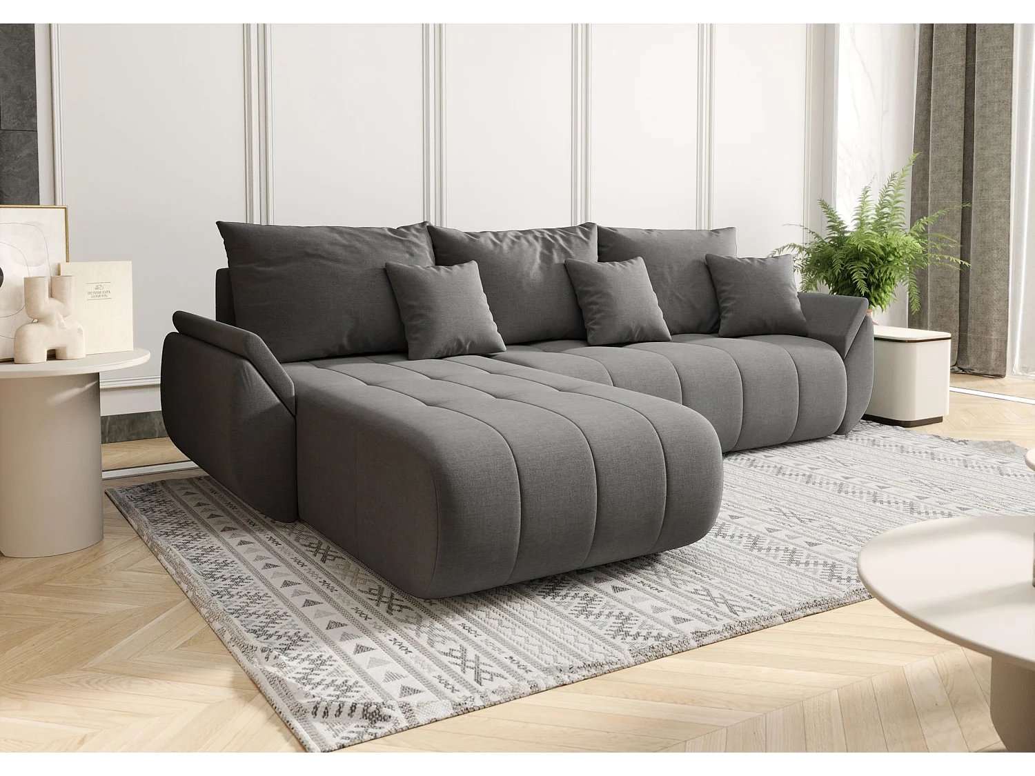 Canapé d'angle SYDNEY gauche gris tricot Wind 90 - fonction couchage, coffre à literie