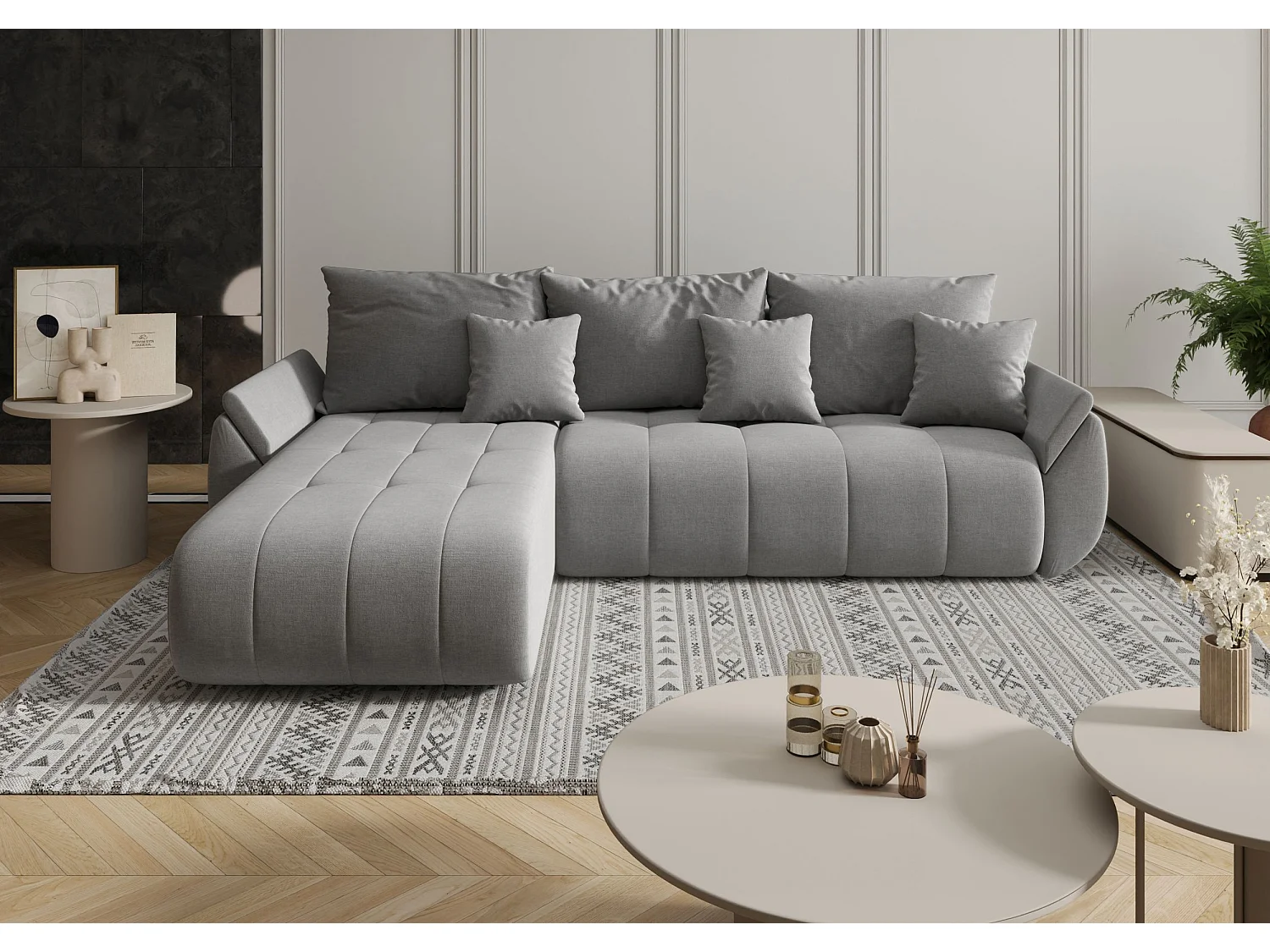 Canapé d'angle SYDNEY gauche gris tricot Wind 90 - fonction couchage, coffre à literie