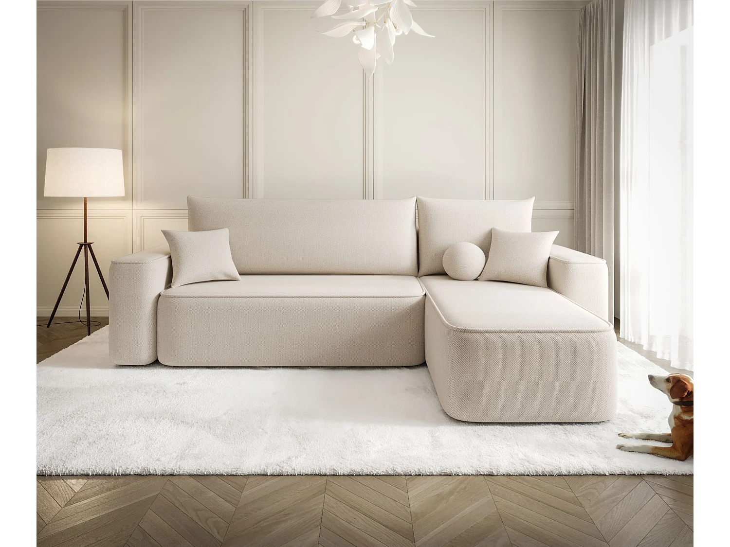 Canapé d'angle TEXAS droit beige tricot Curio 9 - fonction couchage, coffre à literie