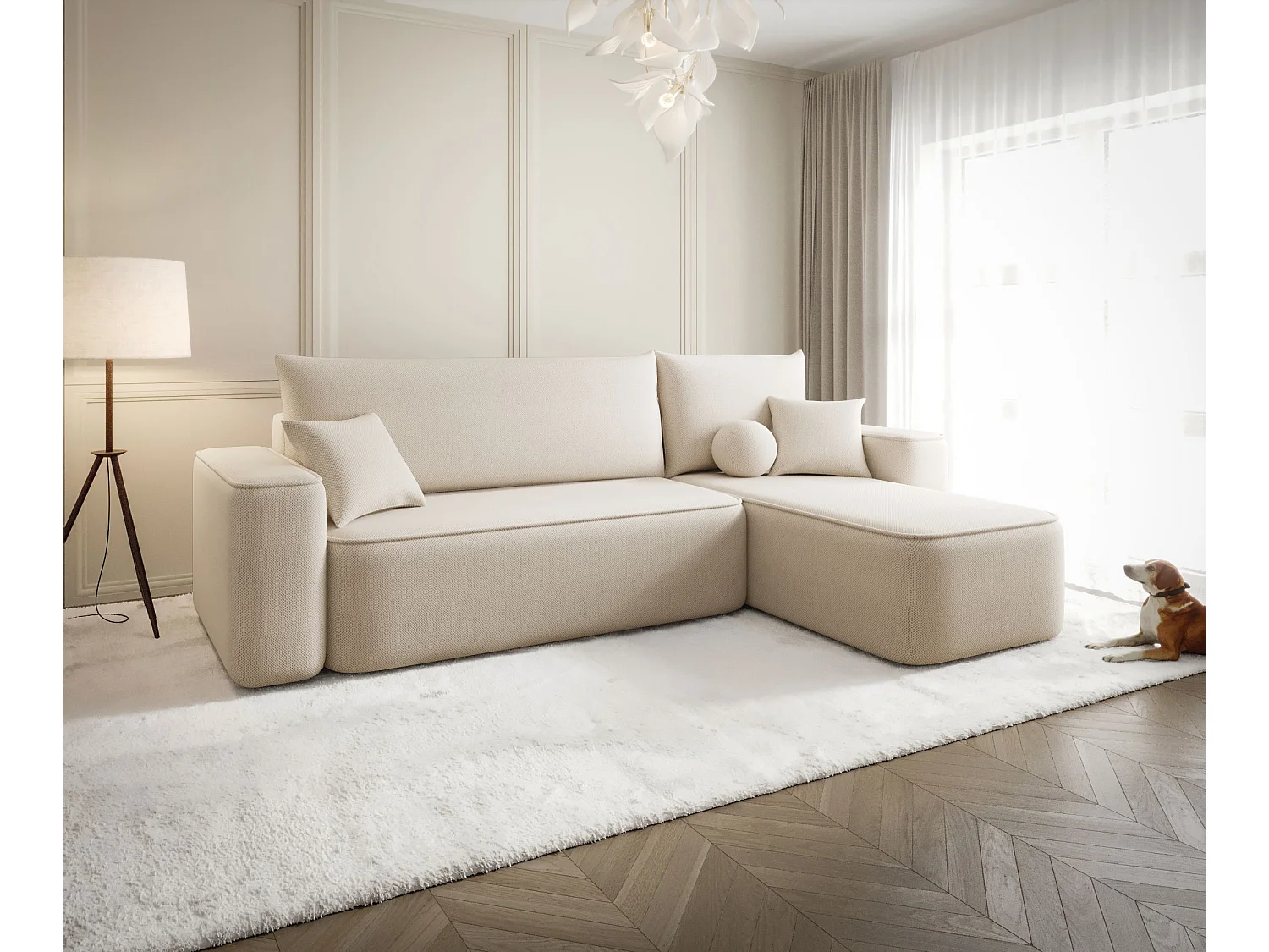 Canapé d'angle TEXAS droit beige tricot Curio 9 - fonction couchage, coffre à literie