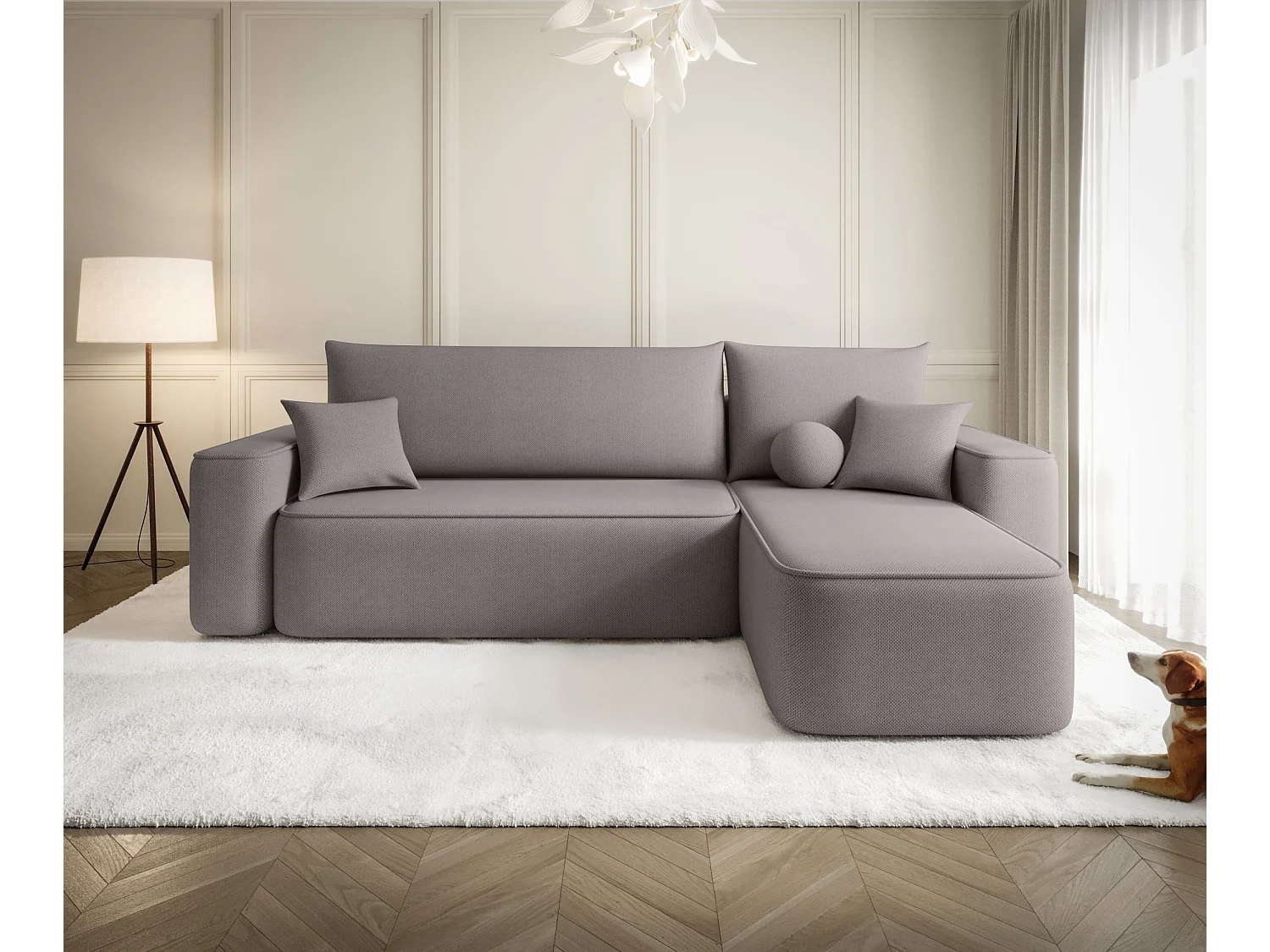 Canapé d'angle TEXAS droit gris tricot Curio 83 - fonction couchage, coffre à literie