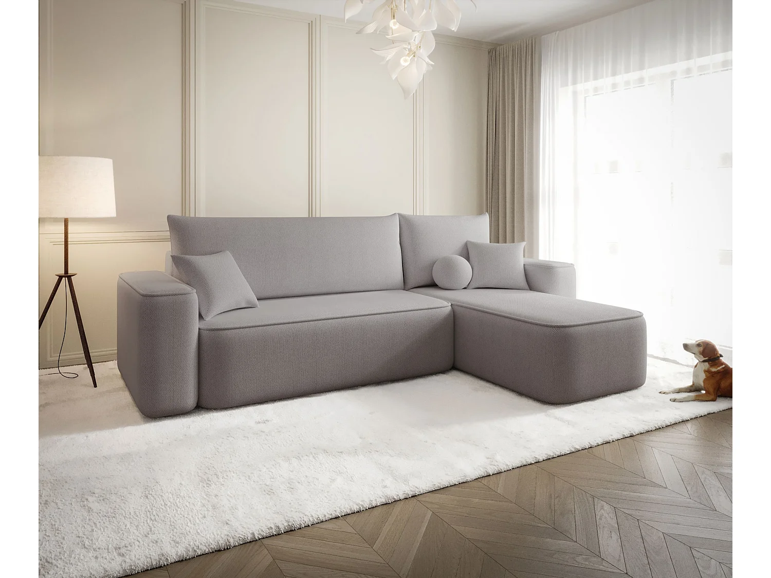 Canapé d'angle TEXAS droit gris tricot Curio 83 - fonction couchage, coffre à literie