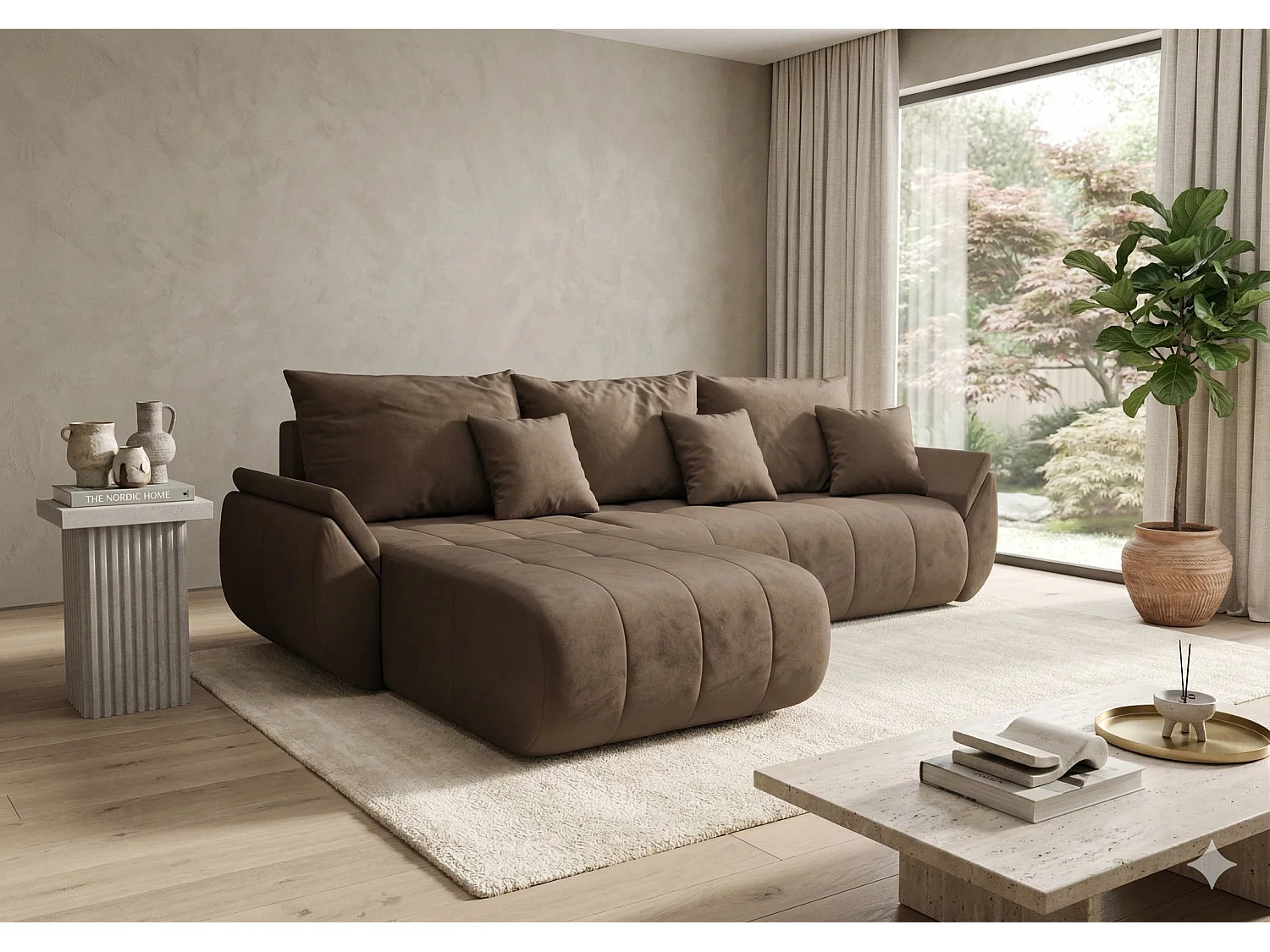Canapé d’angle velours beige convertible avec coffre NOVA-Marron-angle gauche