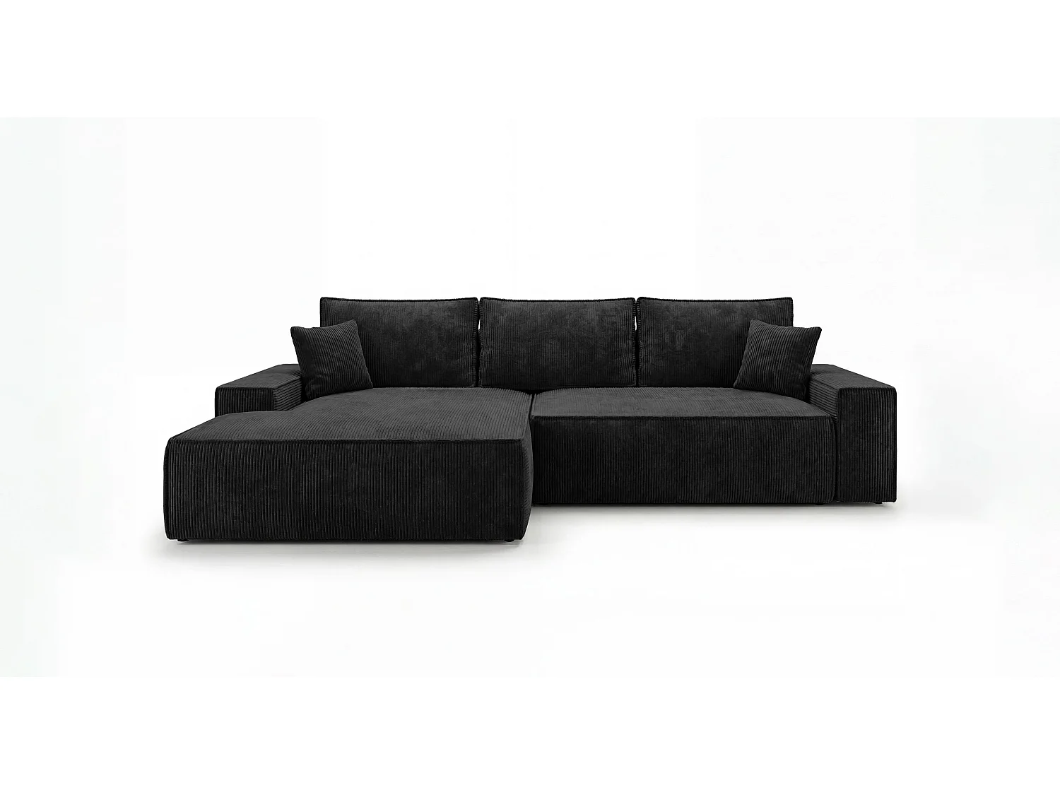 Canapé d'angle VERONA gauche noir velours côtelé Poso 135 - fonction couchage, coffre à literie