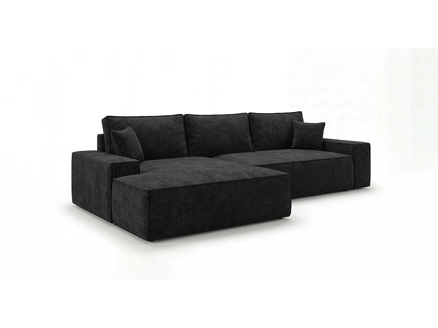 Canapé d'angle VERONA gauche noir velours côtelé Poso 135 - fonction couchage, coffre à literie