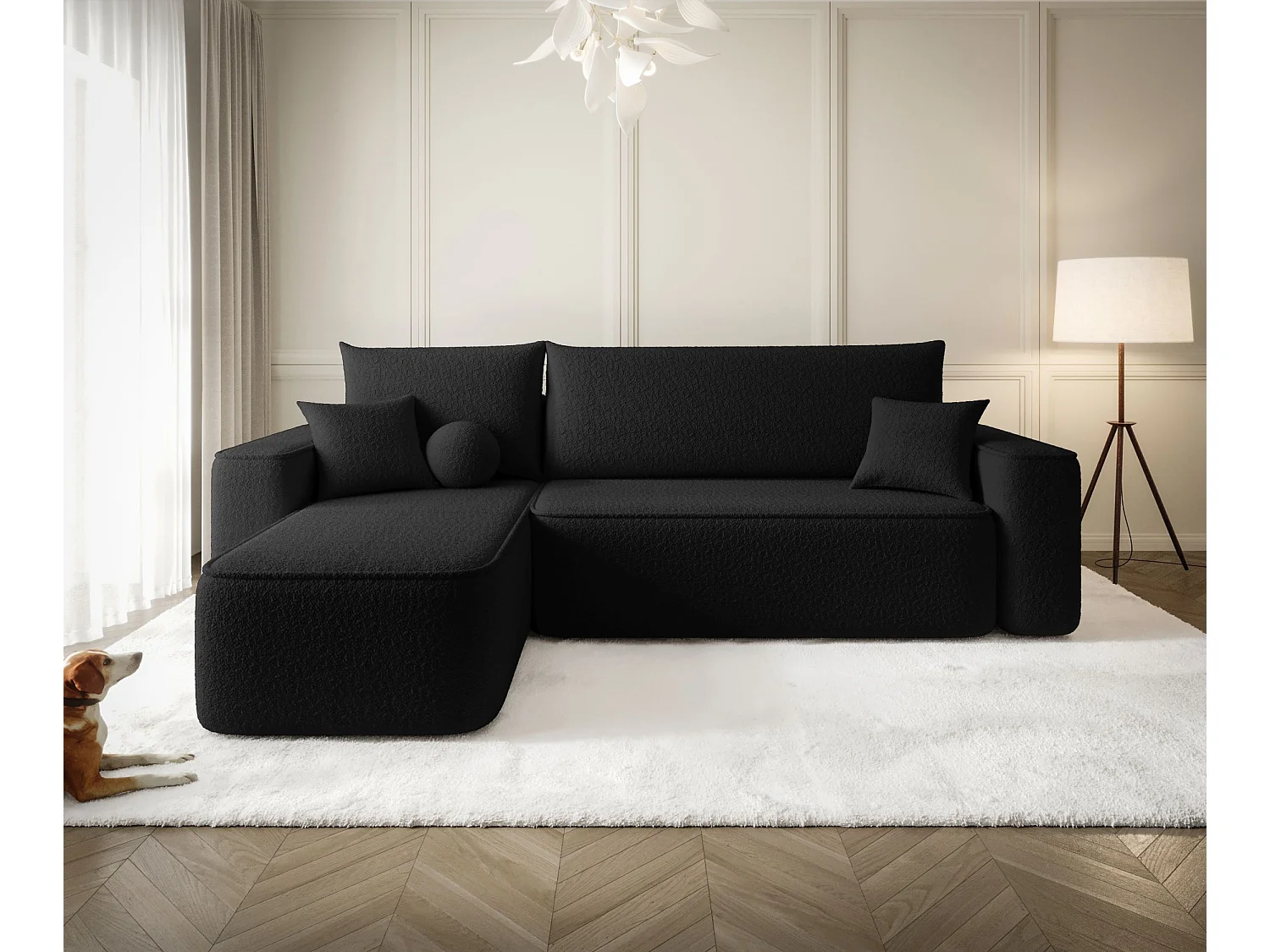 Canapé d'angle TEXAS gauche noir Bukle Quelle 100 - fonction couchage, coffre à literie