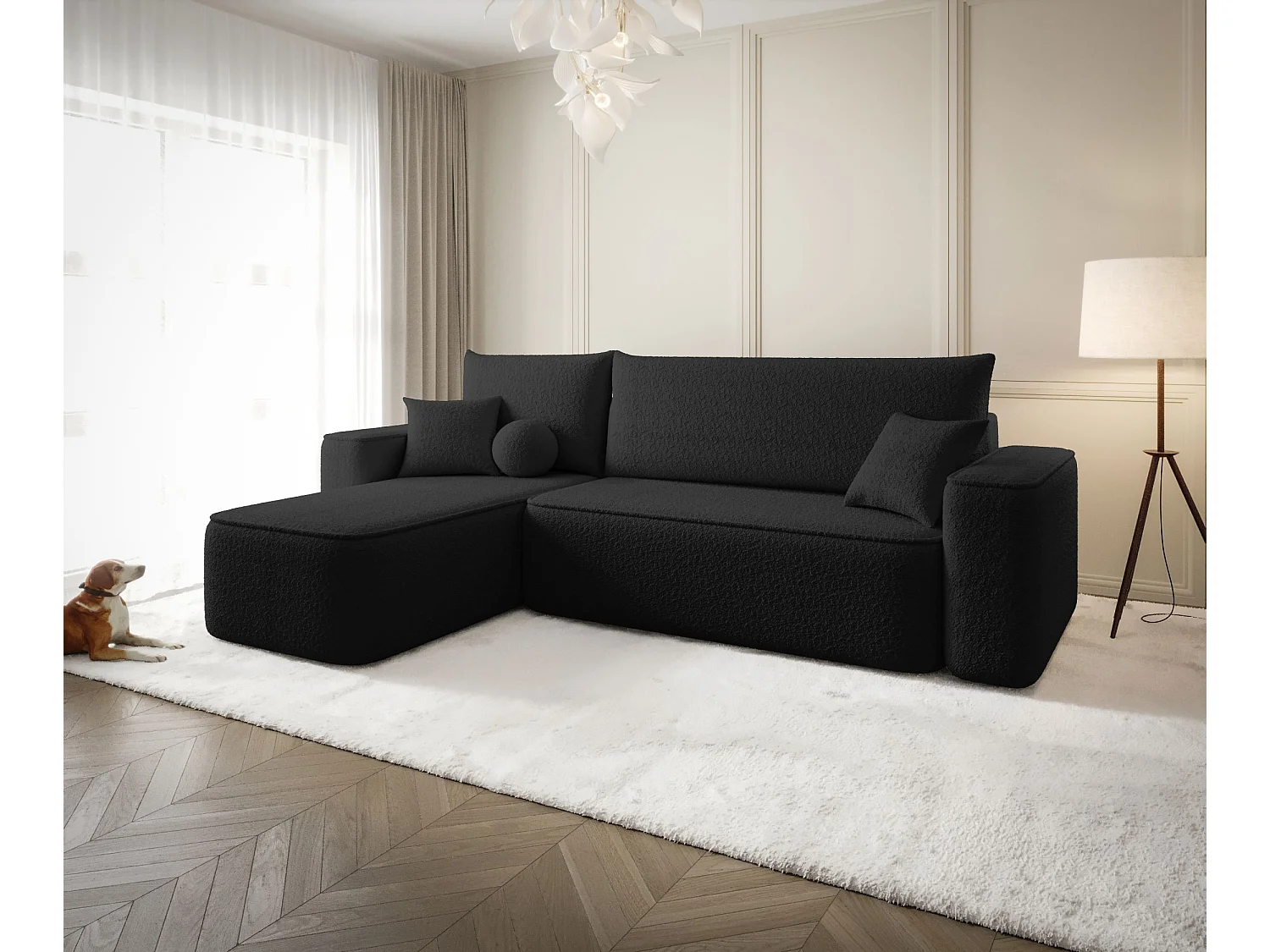 Canapé d'angle TEXAS gauche noir Bukle Quelle 100 - fonction couchage, coffre à literie