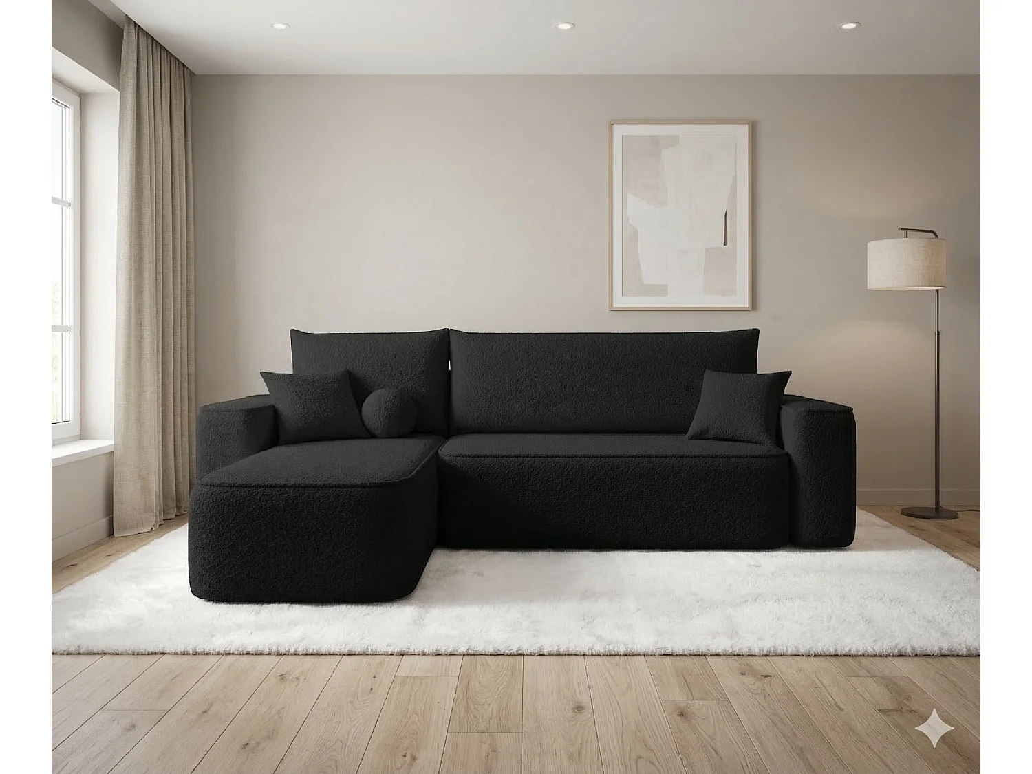Canapé d'angle gauche 3 places convertible avec coffre en tissu noir CENA