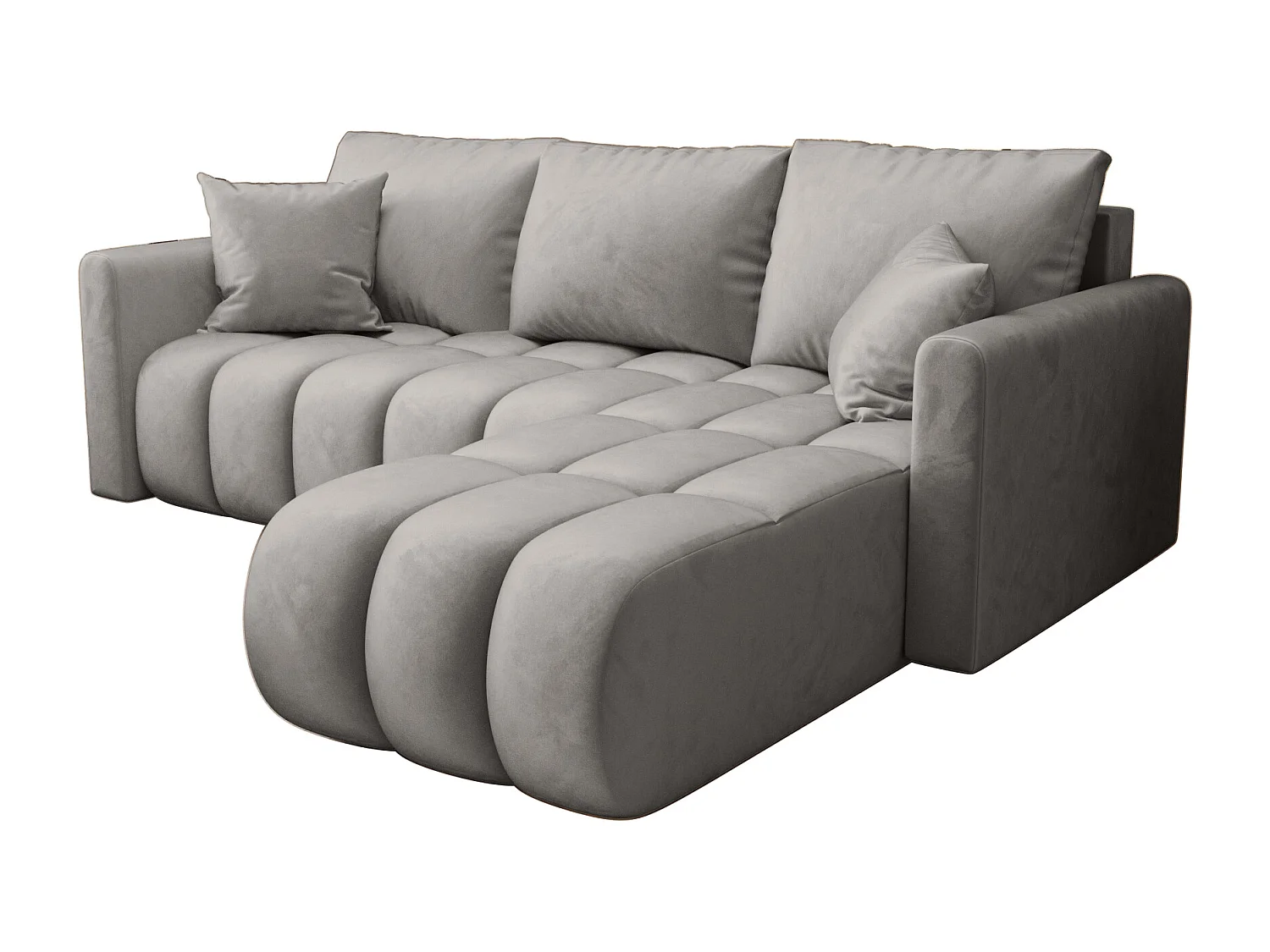 Canapé d'angle GARDA droit gris clair velours Monolith 84 - fonction couchage, coffre à literie