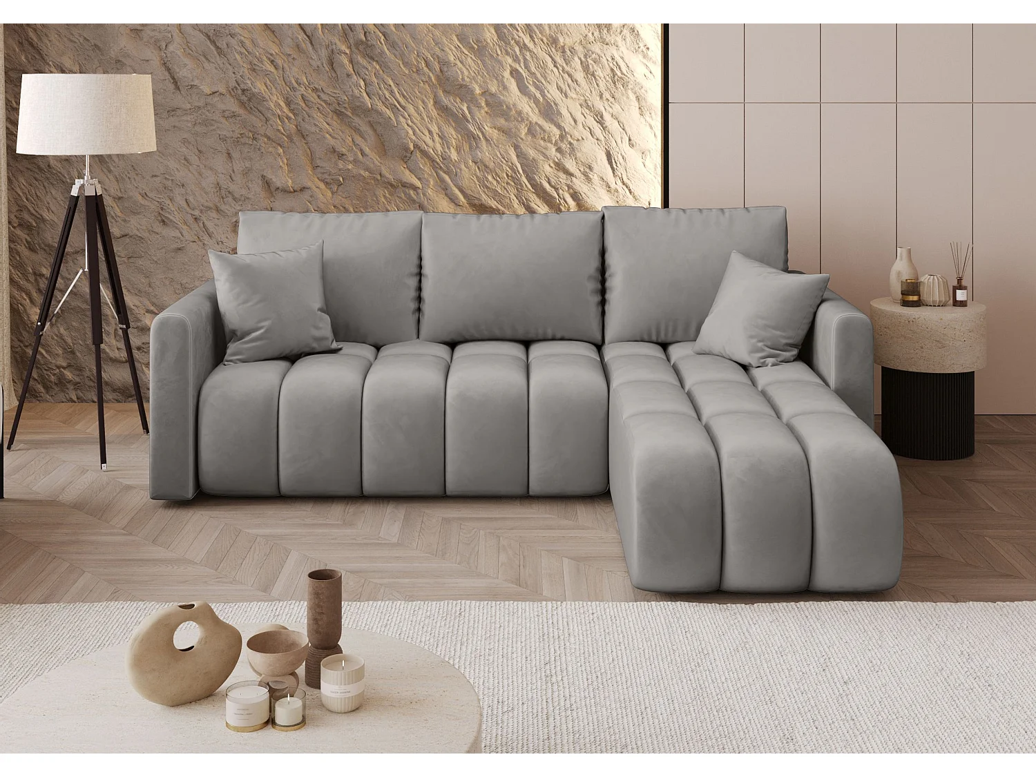Canapé d'angle GARDA droit gris clair velours Monolith 84 - fonction couchage, coffre à literie