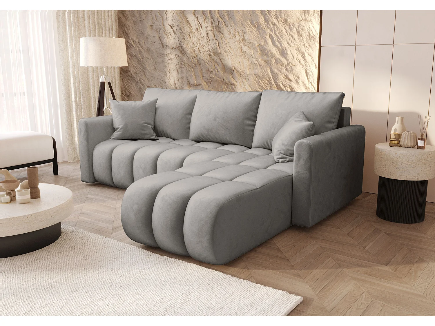 Canapé d'angle GARDA droit gris clair velours Monolith 84 - fonction couchage, coffre à literie