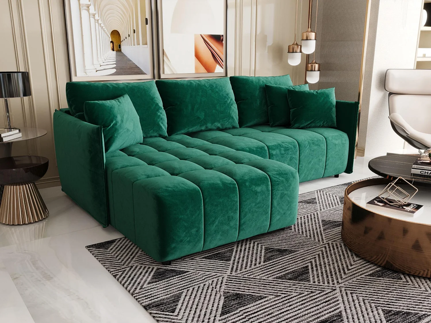 Canapé d'angle CHICAGO gauche vert velours Monolith 37 - fonction couchage, coffre à literie