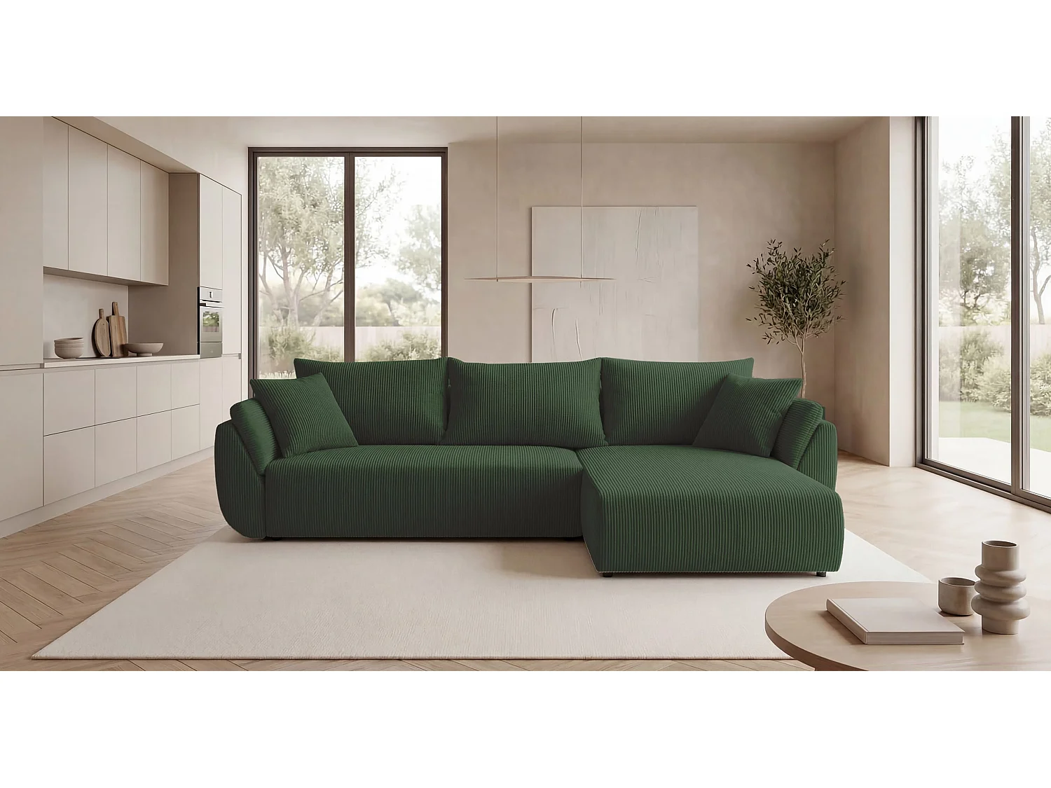 Canapé d'angle SYDNEY droit vert velours côtelé Poso 14 - fonction couchage, coffre à literie