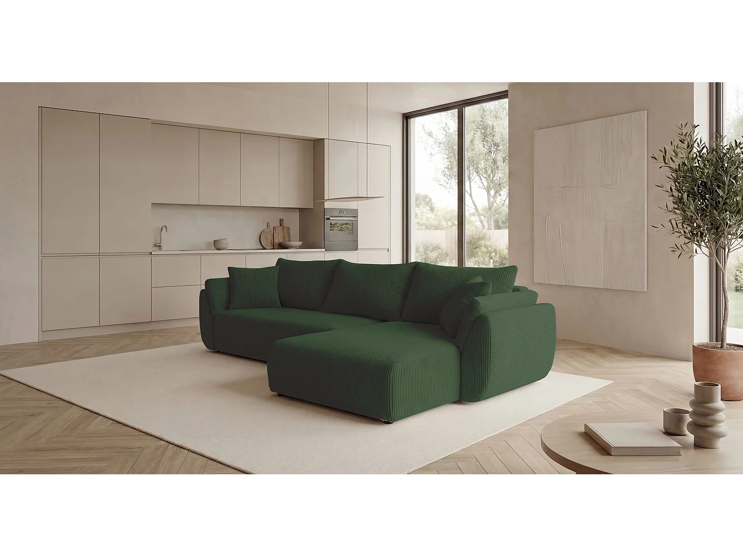 Canapé d'angle SYDNEY droit vert velours côtelé Poso 14 - fonction couchage, coffre à literie