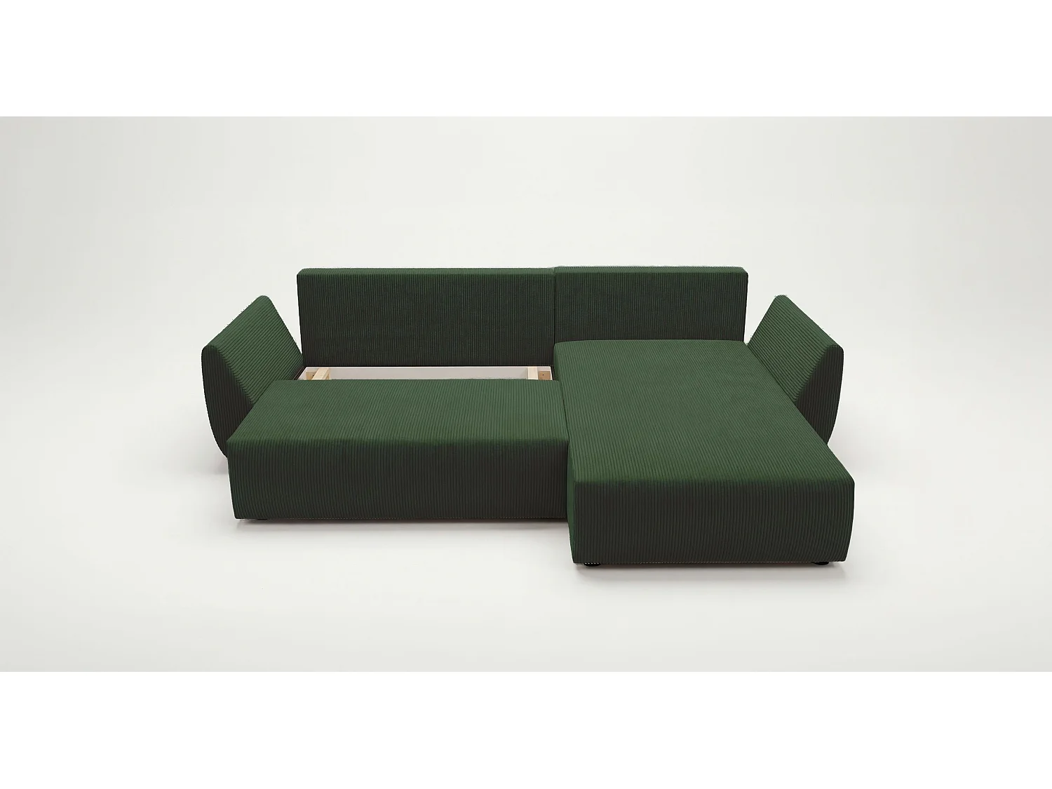 Canapé d'angle SYDNEY droit vert velours côtelé Poso 14 - fonction couchage, coffre à literie