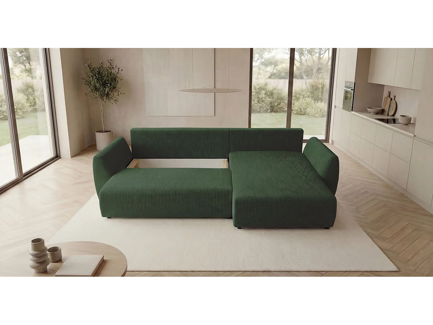 Canapé d'angle SYDNEY droit vert velours côtelé Poso 14 - fonction couchage, coffre à literie