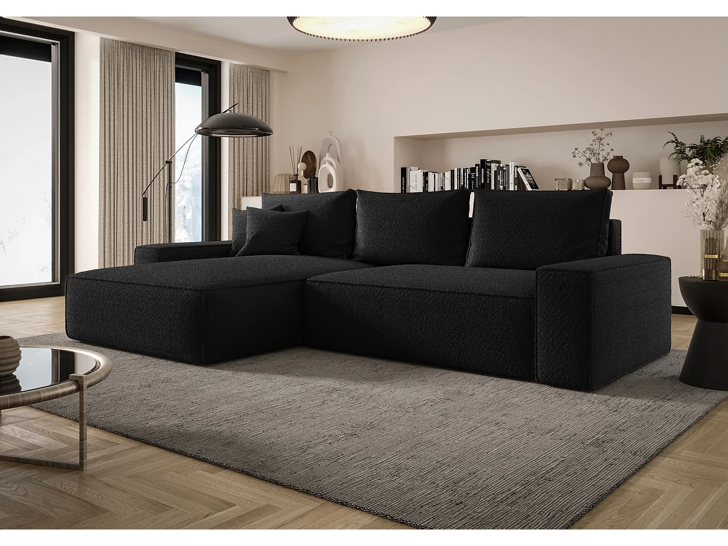 Canapé d'angle CALIFORNIA gauche noir Bukle Quelle 100 - fonction couchage, coffre à literie