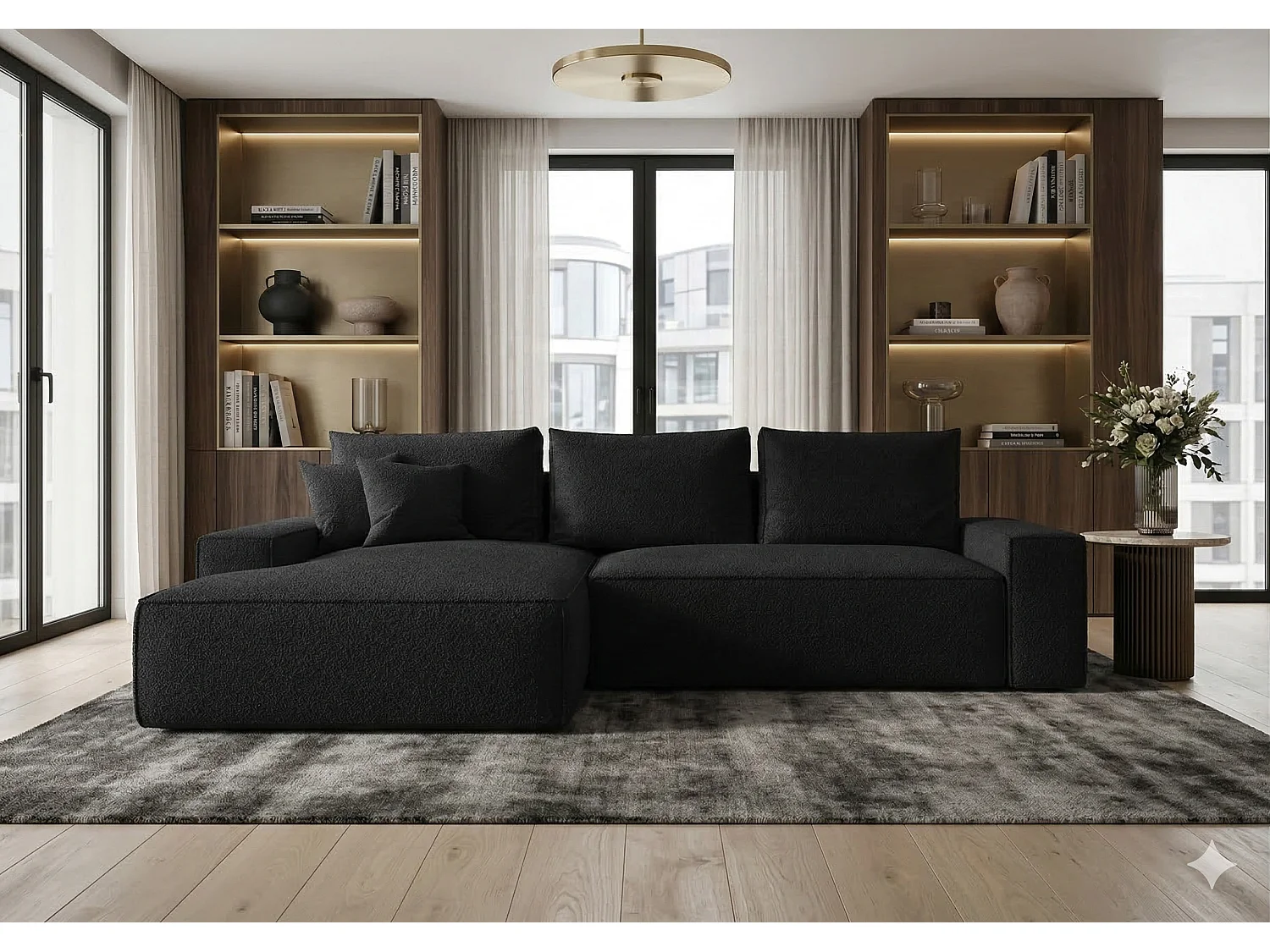 Canapé d’angle tissu bouclé convertible avec coffre NINA-Noir-angle gauche