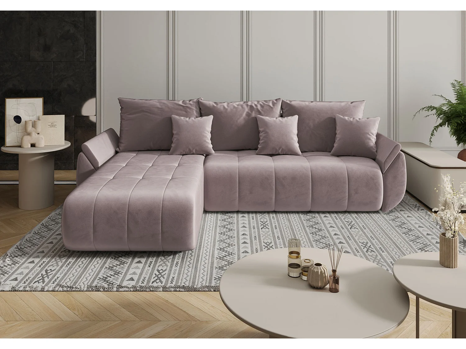 Canapé d'angle SYDNEY gauche rose foncé velours Monolith 62 - fonction couchage, coffre à literie