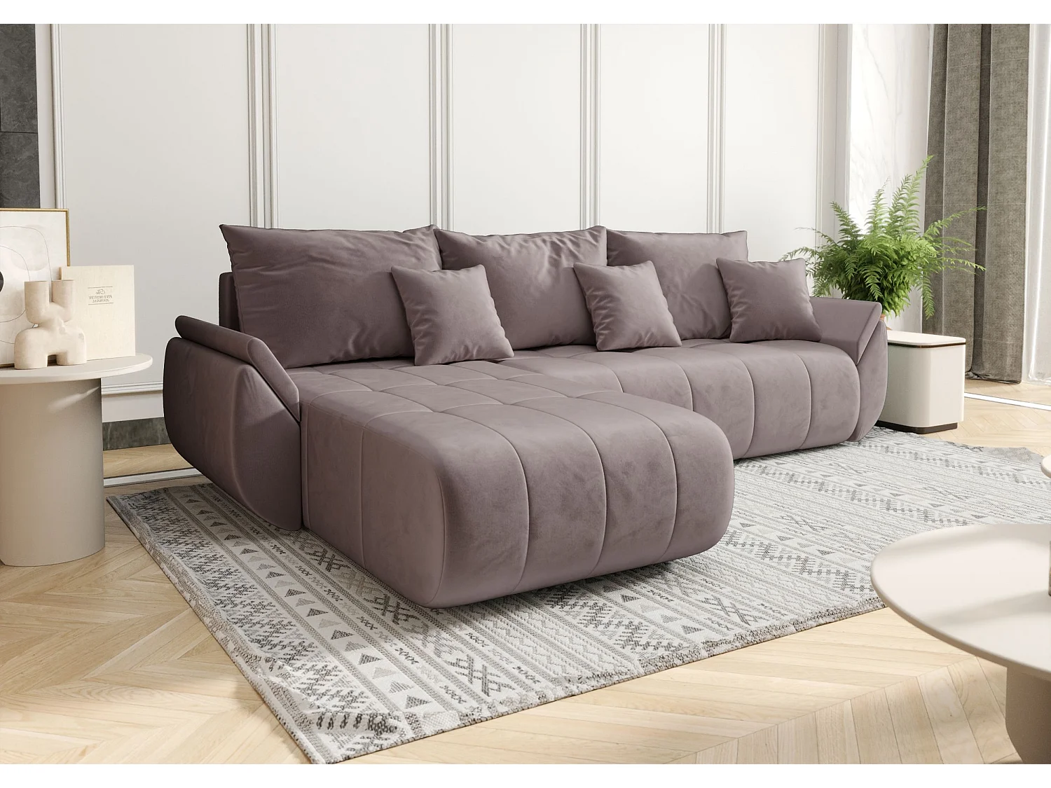 Canapé d'angle SYDNEY gauche rose foncé velours Monolith 62 - fonction couchage, coffre à literie