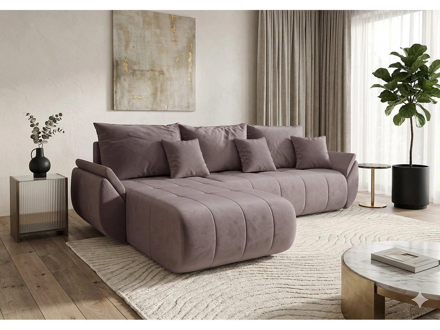 Canapé d’angle velours beige convertible avec coffre NOVA-Vieux rose-angle gauche