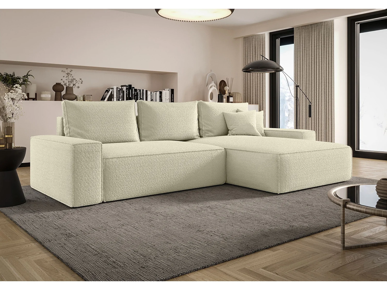 Canapé d'angle CALIFORNIA droit Jasny Bezowy Bukle Quelle 2 - fonction couchage, coffre à literie