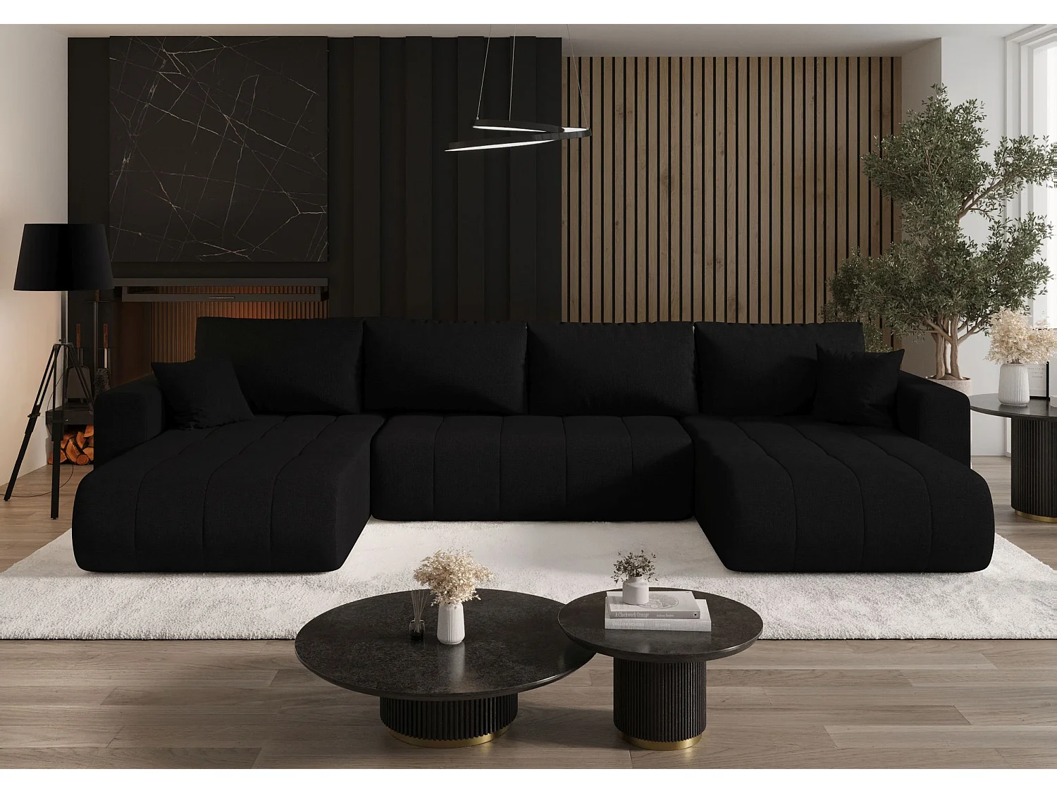 Canapé d'angle LARA en U noir tricot Wind 99 - fonction couchage, coffre à literie