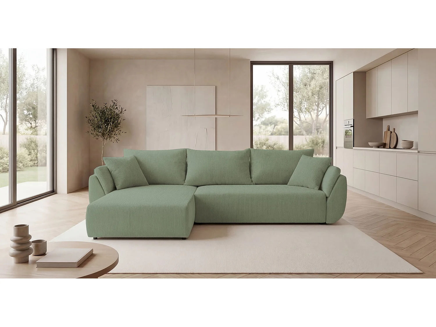Canapé d'angle SYDNEY gauche vert clair velours côtelé Poso 47 - fonction couchage, coffre à literie