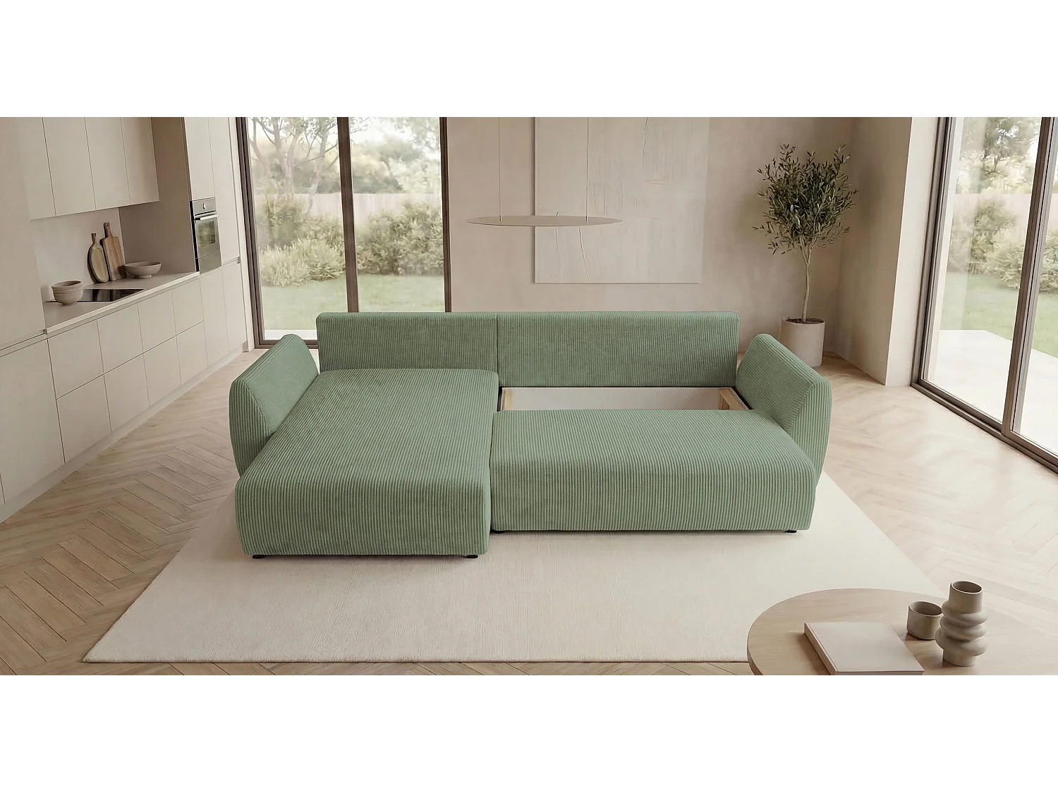Canapé d'angle SYDNEY gauche vert clair velours côtelé Poso 47 - fonction couchage, coffre à literie
