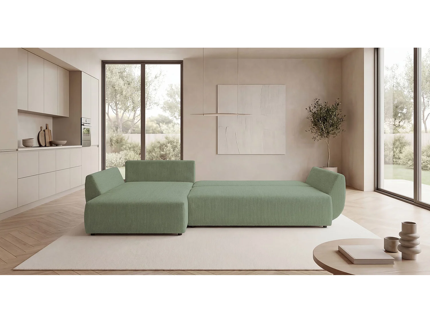 Canapé d'angle SYDNEY gauche vert clair velours côtelé Poso 47 - fonction couchage, coffre à literie