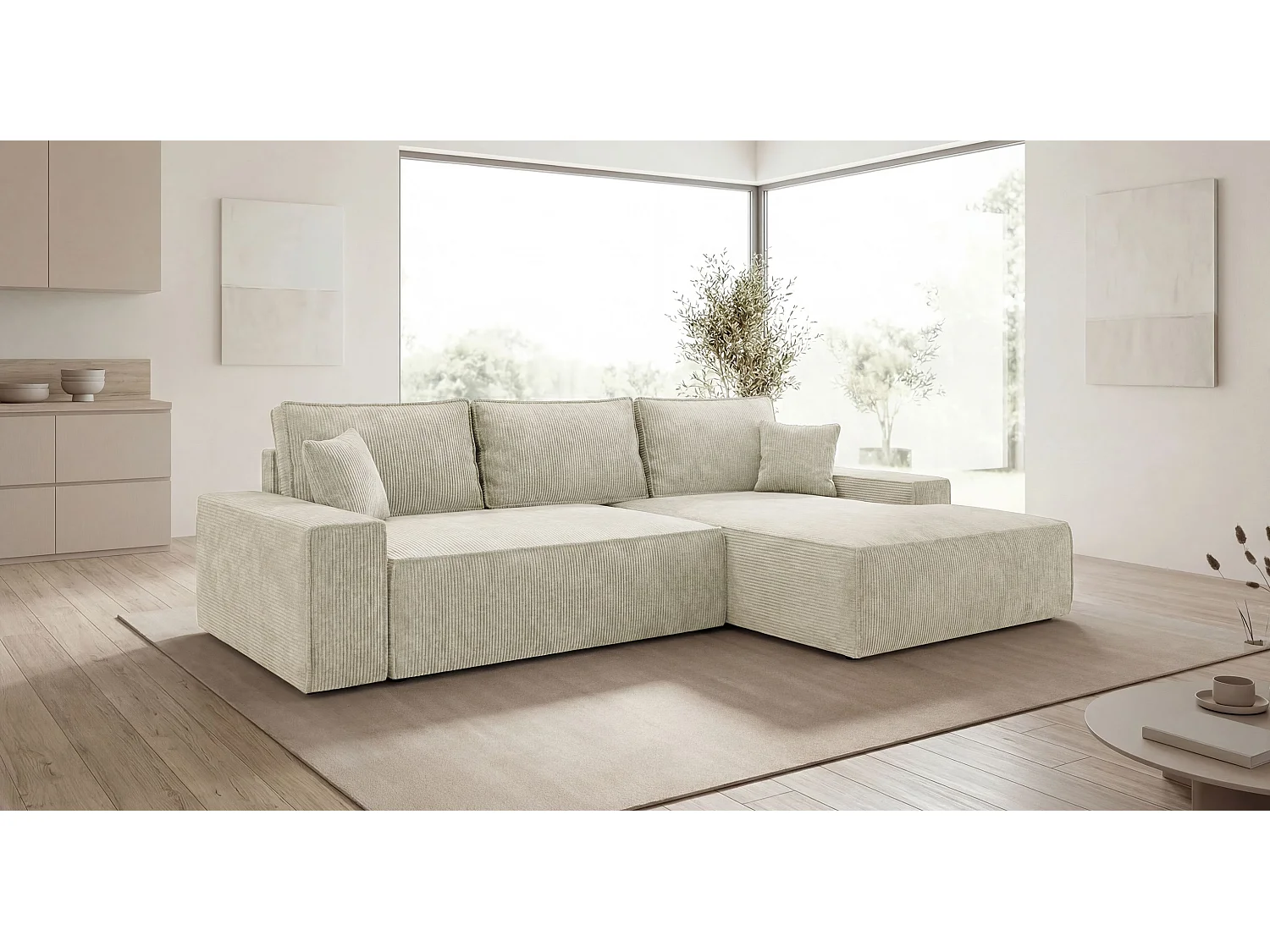 Canapé d'angle VERONA droit blanc velours côtelé Poso 100 - fonction couchage, coffre à literie