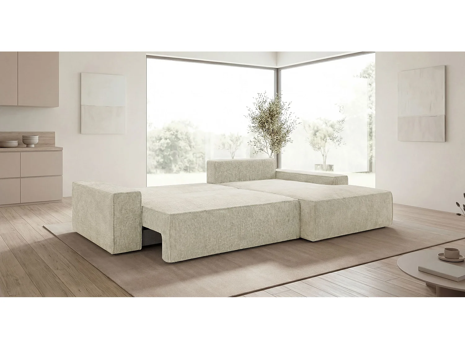 Canapé d'angle VERONA droit blanc velours côtelé Poso 100 - fonction couchage, coffre à literie