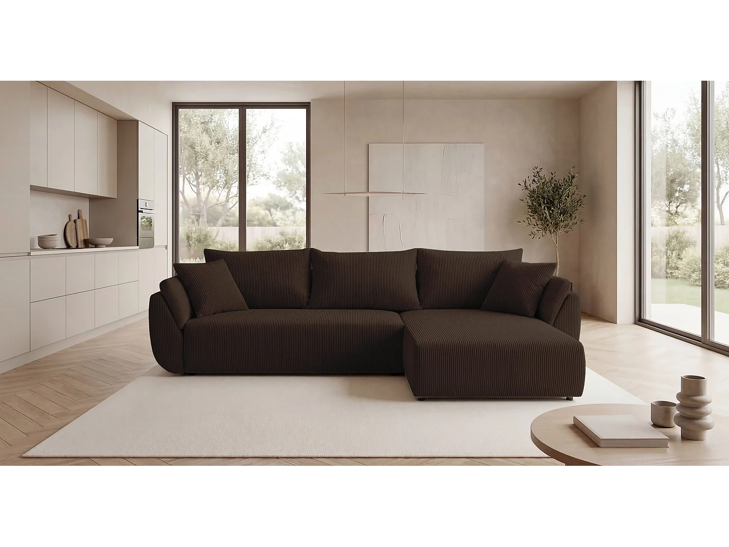 Canapé d'angle SYDNEY droit marron velours côtelé Poso 6 - fonction couchage, coffre à literie
