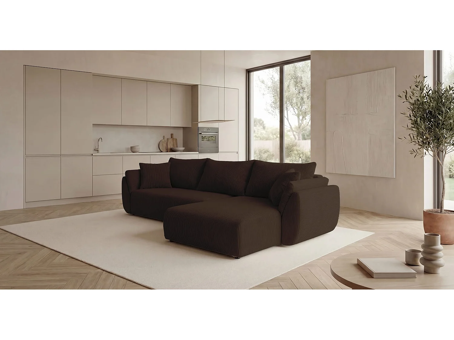 Canapé d'angle SYDNEY droit marron velours côtelé Poso 6 - fonction couchage, coffre à literie