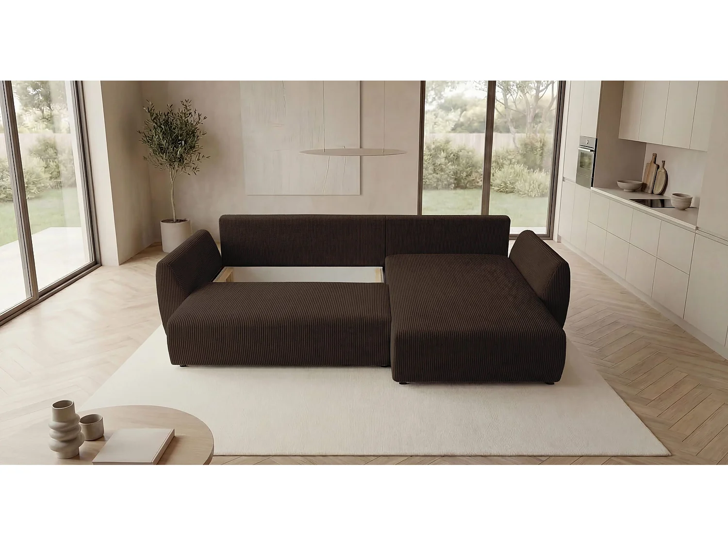 Canapé d'angle SYDNEY droit marron velours côtelé Poso 6 - fonction couchage, coffre à literie