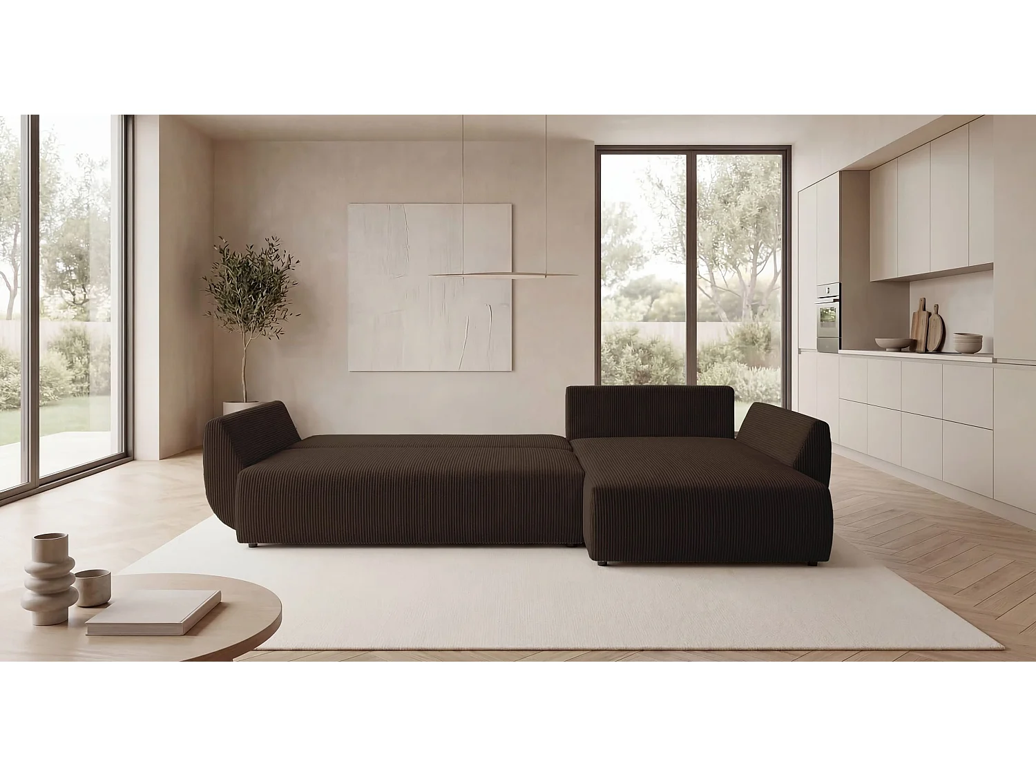 Canapé d'angle SYDNEY droit marron velours côtelé Poso 6 - fonction couchage, coffre à literie