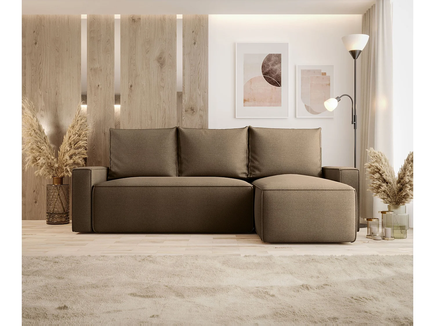 Canapé d'angle HAVANA droit marron tricot Curio 20 - fonction couchage, coffre à literie