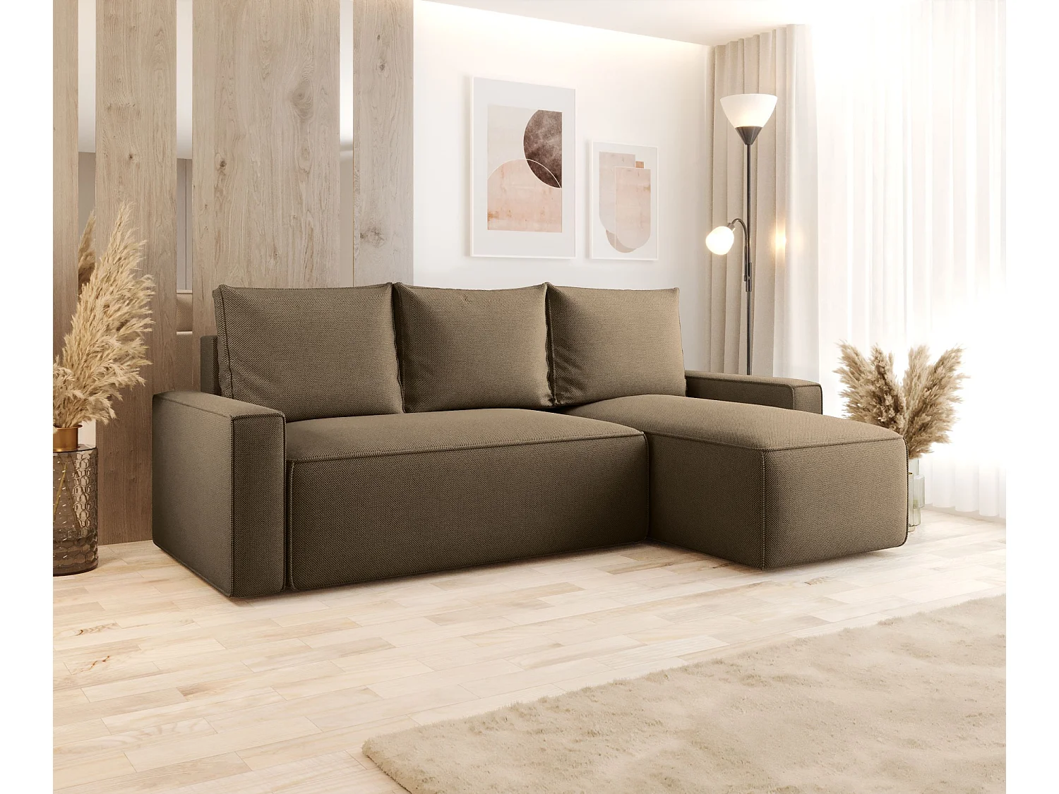 Canapé d'angle HAVANA droit marron tricot Curio 20 - fonction couchage, coffre à literie